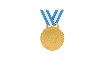 3d gold medal with blue and white ribbon isolated on transparent background