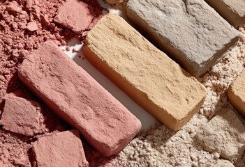 Assorted clay bricks and powder.