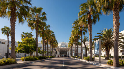 Fototapeta premium Scenic Boulevard with Palm Trees Leading to Modern Building Entrance