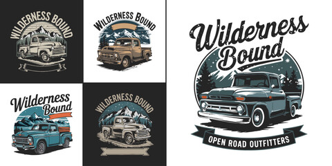 Vintage pickup truck illustration with mountain landscape and wilderness adventure theme for retro t shirt design and outdoor lifestyle