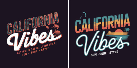California vibes retro sunset palm tree illustration, tropical beach surf style typography graphic for summer vacation apparel, t shirt design © Vectyx