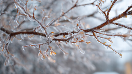 Ice-covered branches glisten in the soft morning light after a winter storm in a quiet neighborhood