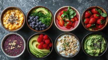 Bowls of different fruits and vegetables are arranged in a row healthy morning meals food background
