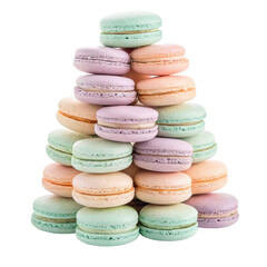 Obraz premium Tower arrangement of pastel macarons, stacked into a cone-like pyramid, isolated on transparent background. PNG