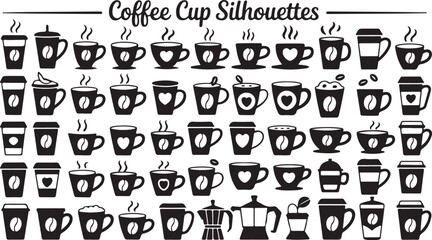 A large collection of coffee-themed illustrations, featuring a variety of silhouettes for mugs, to-go cups, and espresso makers, perfect for cafe branding or graphic design projects.