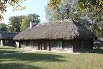 Traditional wooden house with a thatched roof.