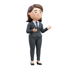 3D Rendered Cartoon Businesswoman in Grey Suit Giving Presentation