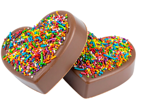 Stacked Heart Chocolates with Rainbow Sprinkles, Angled Perspective, isolated on transparent background png