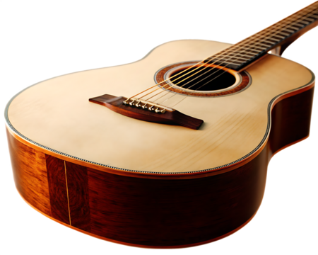 Acoustic guitar with light wood top and dark wood body isolated on a transparent background