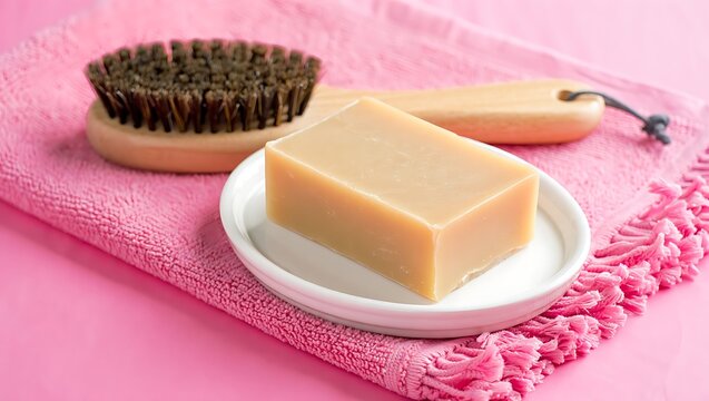 Natural soap bar and bristle brush on pink fabric for gentle skincare and bathing routine