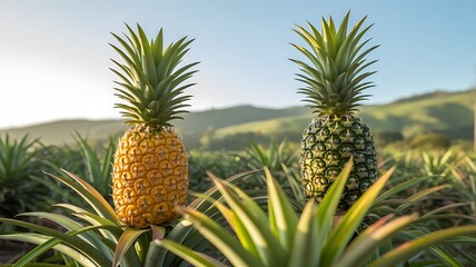 Fototapeta premium Ripe and Unripe Pineapples Growing in a Field fruit
