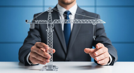 Businessman holding construction crane for structural engineering. Building Design, Construction Technology Concept