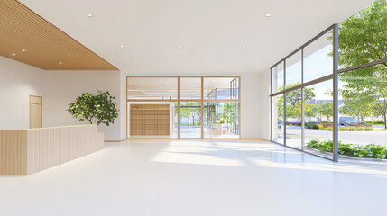 Fototapeta premium Spacious and bright minimalist interior design featuring reception area with wooden accents and large windows. Natural light