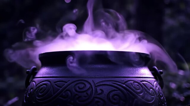A cauldron bubbling with a purple potion and emitting smoke, evoking magic and mystery.