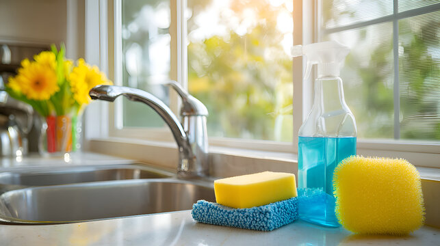 Cleaning products preparing a shiny kitchen sink for washing dishes