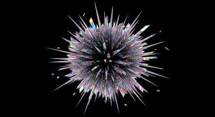 Dynamic iridescent crystal structure exploding with vibrant light against a stunning black backdrop