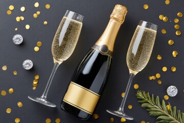 Champagne bottle and two glasses celebrating with golden confetti on black background