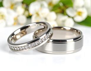 Elegant wedding rings with floral backdrop