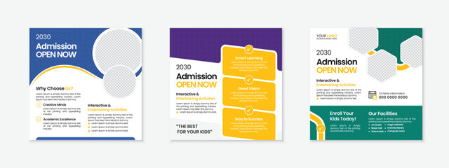 Admission open now social media post template with modern school education design, creative promotional layout, and premium marketing graphic