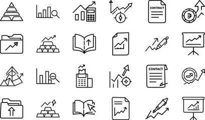 Business Growth and Finance Line Icons Set – Data Analytics, Financial Reports, Investment Strategy, Market Growth, Contract Management, and Profit Planning – Editable Stroke Vector Illustration