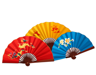 fans set cartoon. red yellow blue folding fan, decoration asia chinese japanese handm  