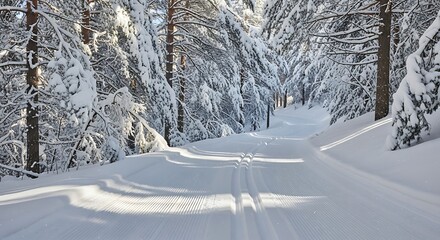 Snowy Forest Road Leading Into Winter Wonderland.