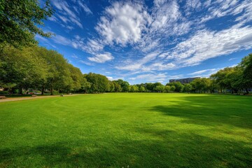 Expansive parkland stretches beneath a vibrant sky.