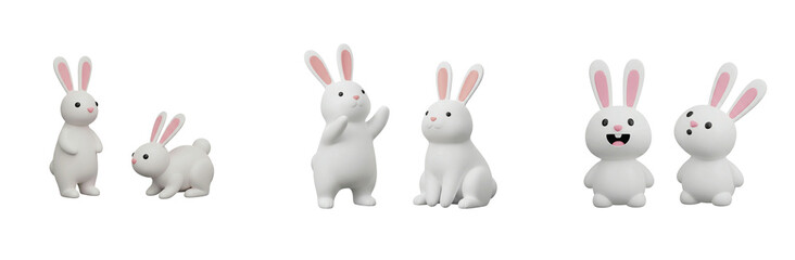 3d Isolated Collection Cheerful Bunny Family and Friends, Playful Poses, Cute and Cuddly  Rabbit Character Renderings