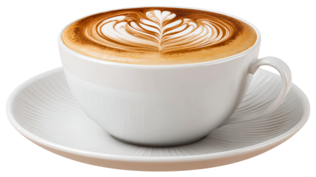 Latte art in a white ceramic cup with saucer