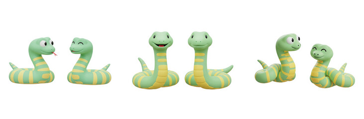 Fototapeta premium 3D Isolated Collection Adorable Green Snakes Rendered for Playful Designs and Educational Content, Perfect for Kids' Projects