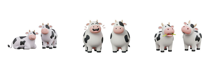 3D Isolated Collection Cheerful Cow Figurines in Playful Poses, A Whimsical Array of Black and White Farm Animals, Rendered Against White Backdrop