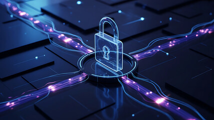 Futuristic digital padlock glowing with blue light on a circuit board symbolizing cybersecurity data protection and network security