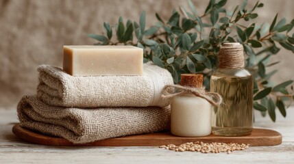 Various natural skincare items including soap, essential oil, and cream are displayed with soft towels and greenery on a wooden surface in a serene setting