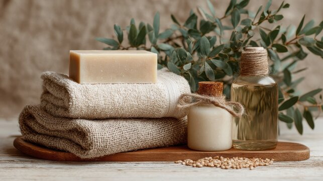Various natural skincare items including soap, essential oil, and cream are displayed with soft towels and greenery on a wooden surface in a serene setting