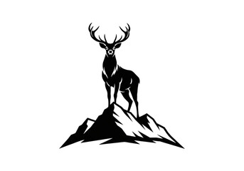 Majestic Stag on Mountain Peak Black and White Silhouette Logo - Symbol of Strength and Nature