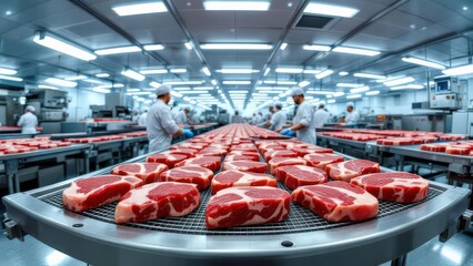 Modern Meat Processing Facility with Workers on an Assembly Line