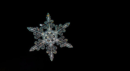 Stunning macro photograph of a perfect snowflake crystal detail on a black background