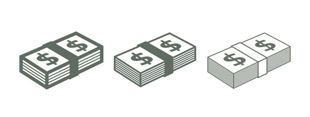 Icon of a stack of money (US Dollar). Attribute of trade or income, bank or wealth. Symbol of cash or salary, finance or currency. Banknote of US currency. Raster icon.