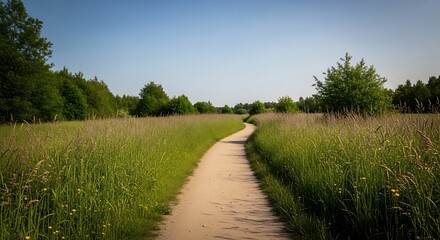 Winding dirt path through a sunlit green meadow on a beautiful summer day.