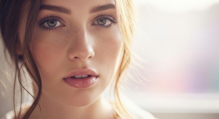 Close-up portrait of young caucasian female with freckles and light brown hair