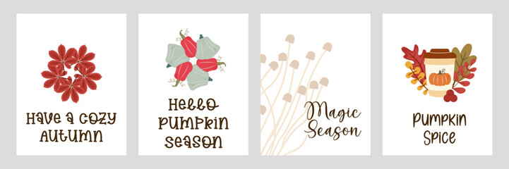Set of autumn-themed vector cards featuring maple leaves, gourds, mushrooms, and a pumpkin spice latte with cozy seasonal typography