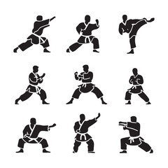 people practicing martial arts icon set in black silhouette vector illustration on white background