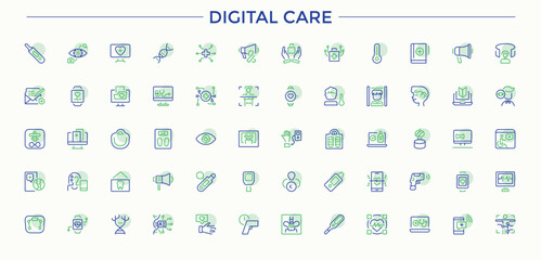 Digital Care colorful line icon set. It contains symbols to telemedicine, digital healthcare, virtual healthcare, patient and more. Outline icons pack. Telemedicine icon set. Vector collections.