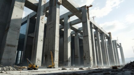 Massive Concrete Structure Under Construction with Heavy Machinery and Debris Under a Bright Sky