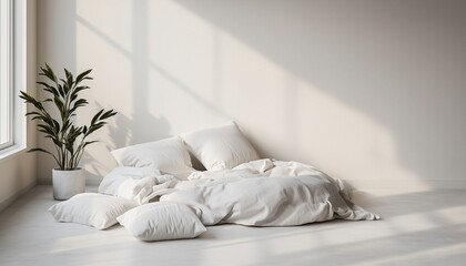 Messy Arrangement Of Bed And Pillows On The Ground, Scattered Haphazardly. Disorderly Display Of Bedding Items On The Floor.