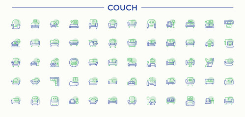 Couch colorful line icon set. Included cupboard, bedroom, side, graphic, bathroom and more. Minimal thin line web icons set. Cupboard icon set in linear style. Pixel perfect. Vector illustration.