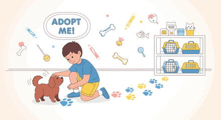 Obraz premium A heartwarming cartoon illustration of a boy adopting a dog in a pet adoption center
