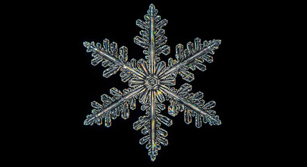 Stunning macro photograph of a perfect snowflake crystal against a black background, Winter beauty