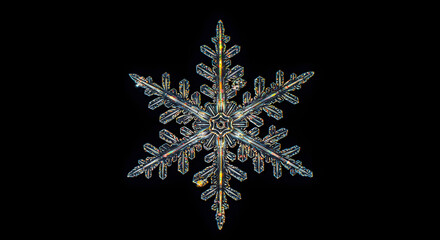 Stunning macro snowflake crystal with intricate details and shimmering light against black background