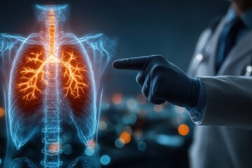 Doctor pointing lungs in innovative medical interface visualization